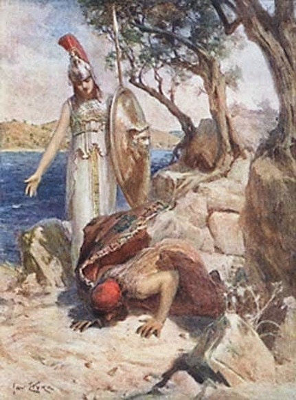 Η Αθηνά, προστάτιδα θεά του Οδυσσέα, τον βοηθάει καθ' όλη τη διάρκεια του ταξιδιού του και της επιστροφής του στην Ιθάκη.