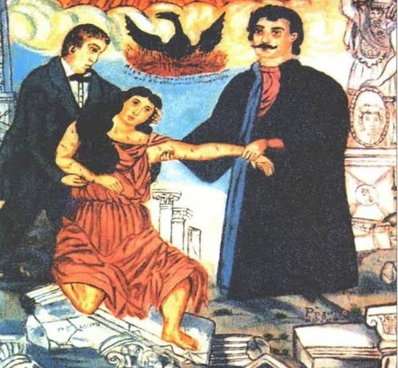 έργο του ζωγράφου Θεόφιλου απεικονίζει τον Ρήγα Βελεστινλή και τον Αδαμάντιο Κοραή να βοηθούν την προσωποποίηση της Ελλάδας να ορθοποδήσει.